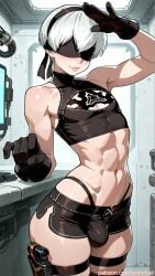 abs ai_generated android blindfold blush bulge femboy gloves kinkyfuel male male_focus nier:_automata nier_(series) salute sci-fi short_shorts solo thighhighs topless trap white_hair yorha_9s