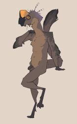 anthro balls dinosaur feathered_dinosaur feathered_scalie feathers flaccid foreskin genitals hi_res leaning male male_only nude one_leg_up oviraptor oviraptorid penis prehistoric_species raised_leg reptile scalie simple_background solo theropod uncircumcised zagz