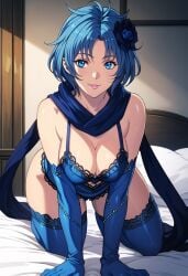 ai_generated all_fours blue_clothing blue_eyes blue_hair blue_scarf drag-on_dragoon_3 drakengard_3 elbow_gloves female female_only flower flower_in_hair lingerie medium_breasts on_bed pink_lips pink_lipstick scarf short_hair smile thighhighs thighs two_(drag-on_dragoon) two_(drakengard)