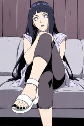 , ai_generated black_lipstick, black_nails, black_toenails, earrings, feet, feet_fetish, femdom, flipping_off, hinata_hyuuga, legs_crossed looking_down middle_finger, naruto, naruto_(series), naruto_shippuden, purple_hair, sandals,