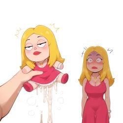 1boy 1boy1girl 1girls absurd_res absurdres ai_assisted ai_generated american_dad artificial_vagina black_eyes blonde_hair blush bracelet cumdrip doll excessive_cum expressionless female francine_smith high_resolution highres horrified horrified_expression mature_female medium_hair necklace onahole pink_dress raleu10 sex_doll sex_doll_transformation shaded_face shocked shocked_expression sparkle_doll_meme thick_ass thick_lips thick_thighs violation wide_eyed