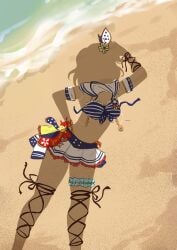 beach bikini competition_swimsuit confusing_perspective female frilled_skirt front-tie_bikini front-tie_top lace-up_boots love_live! love_live!_sunshine!! miniskirt ocean outdoors ponytail pose sailor_collar sand shadow short_hair short_skirt silhouette skirt standing striped striped_bikini swimsuit thigh_strap thighs watanabe_you water wrist_cuffs