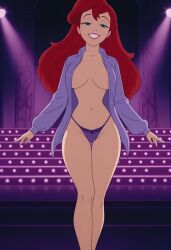 1girl ai_generated ariel ariel_(the_little_mermaid) disney disney_princess eyelashes female long_hair looking_at_viewer marifolwra444_(ai_generator) navel red_hair smile strip_club stripper the_little_mermaid the_little_mermaid_(1989_film) thighs