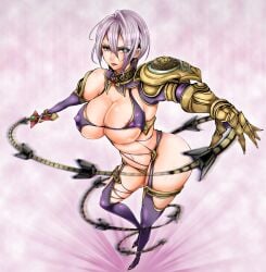 1041_(toshikazu) alluring armor big_breasts cleavage curvy female female_focus full_body gauntlets gloves holding holding_sword holding_weapon isabella_valentine jewelry project_soul revealing_clothes shiny_skin short_hair soul_calibur soul_calibur_ii soul_calibur_iii soul_calibur_v soul_calibur_vi stockings sword thong weapon whip_sword white_hair wide_hips