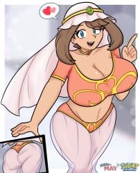 1girls ass back big_ass big_breasts big_butt blue_eyes breasts brown_hair bubble_butt dat_ass english_text fat_ass female game_freak huge_ass huge_boobs huge_breasts large_ass large_breasts may_(pokemon) may_(pokemon)_(arabian_princess) nice_ass pokemon pokemon_rse short_hair silenttandem solo_female text thick_thighs wide_hips