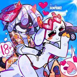 18+_adults_only_sign anthro beach beach_background bikini bikini_bottom bikini_top binoculars blush bunny_maloney bunny_maloney_(character) charlotte_(bunny_maloney) closed_eyes female furry glasses glasses_on_forehead goat goat_horns hat heart-shaped_sunglasses heart_symbol hoof_hands hooves male oc original_character sea senpawz sheep sheep_horns slob slobber smiling sunscreen sunscreen_on_back tagme thinking thinking_about_sex