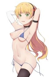 arched_back arm_strap armpits arms_up ass_visible_through_thighs bare_belly belly_button bikini black_thighhighs blonde_hair blue_bikini blush breast_slip breasts choker collarbone coro_fae elbow_gloves embarrassed female gloves green_eyes groin hairband heanna_sumire long_hair love_live! love_live!_superstar!! medium_breasts micro_bikini nipples one_breast_out parted_lips side-tie_bikini_bottom standing string_bikini thighhighs thighs untied_bikini wavy_mouth white_gloves