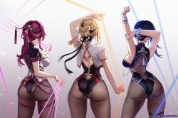 3girls alternate_costume alternate_hairstyle arm_up arms_up artist_name ass back backboob bare_shoulders black_collar black_leotard black_pantyhose black_ribbon blonde_hair blue_hair blue_nails breasts butt_crack chinese_clothes clothing_request collar company_connection cowboy_shot crossover earrings evelyn_chevalier facing_away fingernails from_behind genshin_impact gradient_background hair_ornament hair_stick highres honkai:_star_rail honkai_(series) jewelry kafka_(honkai:_star_rail) large_breasts leotard long_hair long_ribbon median_furrow mihoyo multiple_girls nail_polish nape paid_reward_available pantyhose pelvic_curtain purple_hair purple_nails ribbon ring_hair_ornament short_hair standing thighs tomatolaccoon underbutt white_background wide_shot yelan_(genshin_impact) zenless_zone_zero