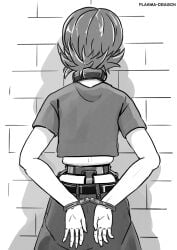 1girls ashley_(plasma-dragon) bondage bound bound_wrists chastity_belt chastity_device collar female female_chastity female_only femsub fully_clothed greyscale handcuffs plasma-dragon