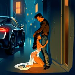 ai_generated blowjob car kneeling mezrus oral_sex outdoors sex skirt tagme transparent_clothing transparent_skirt wealthy_male