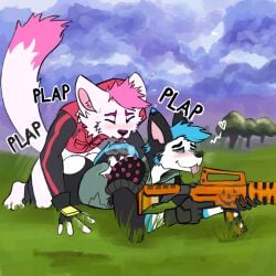 2025 2boys 2d blush cosplay costume digital_drawing_(artwork) drift_(fortnite) fennix_(fortnite) fortnite fortnite:_battle_royale from_behind from_behind_position furry furry_only gay gay_anal gay_domination gay_sex hump humping liwic_the_fox loki_the_husky male no_visible_genitalia onomatopoeia panting text