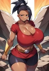 ai_generated armlet belt bike_shorts black_eyes black_hair bracer breasts breasts_bigger_than_head cleavage closed_mouth collarbone crop_top dark_skin dragon_ball dragon_ball_super earrings eyes female hair hoop_earrings huge_breastsjewelry kale lips long_hair midriff navel outdoors ponytail red_shirt shirt short_sleeves shorts skirt solo standing