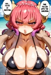 ai_generated beach bikini black_bikini blush breasts busty caption cleavage comic comic_page commission day dialogue english_text female horns huge_breasts ilulu_(dragon_maid) korean_text looking_at_viewer miss_kobayashi's_dragon_maid ocean patreon patreon_url patreon_username pink_eyes pink_hair pov sinderellaart solo_focus sweat swimsuit text text_bubble thick voluptuous water
