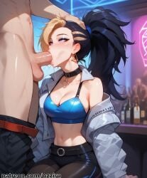 1boy 1boy1girl absurd_res ai_generated akali black_hair blonde_hair blowjob blue_eyes choker eye_contact female hi_res highres league_of_legends long long_hair multicolored_hair ozziru patreon ponytail prostitution revealing_clothes self_upload straight strip_club uncensored