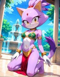 2d 2d_(artwork) 2d_artwork ai_art ai_generated amber_eyes bare_arms bare_legs bare_midriff bare_shoulders bare_thighs barefoot belly_button bikini bikini_top blaze_the_cat blue_sky blush blush blush_lines bra bracelet brassiere cat_ears cat_girl cat_humanoid cat_tail catgirl cleavage cloud clouds cloudy_sky collar crossover crossover_cosplay ear ears_up elryusam eyelashes flower flowers flowers_in_background gem gem_on_forehead gemstone gloves gold_(metal) gold_bracelets gold_brassiere gold_collar gold_jewelry golden_bracelets golden_brassiere golden_collar green_bikini green_bikini_top green_bra hair_tie hair_tied hair_up inner_sideboob loincloth metal_collar midriff mobian mobian_(species) mobian_cat navel pillar purple_fur purple_hair purple_tail red_gem red_gemstone red_hair_tie red_loincloth shadow slave slave_bikini slave_collar slave_leia slave_leia_(cosplay) slave_outfit slavegirl sonic_(series) sonic_rush sonic_rush_adventure sonic_the_hedgehog_(series) star_wars tail thick_thighs tied_hair tree trees water_fountain white_belly white_glove white_gloves