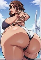 ai_generated arm_tattoo ass ass_focus bikini blue_sky bracelet braid breasts brown_hair cloud curvy day eyepatch female from_behind green_eyes huge_ass huge_breasts jewelry lips long_hair looking_at_viewer looking_back mole mole_above_mouth mole_under_eye outdoors parted_lips samira_(league_of_legends) sky smile solo swimsuit tattoo thick_thighs thighs