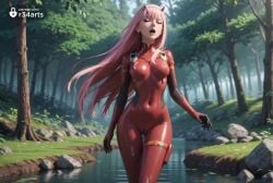 1girls ai_generated artist_name ass_visible_through_thighs bodysuit breasts cameltoe closed_eyes covered_navel covered_nipples darling_in_the_franxx day eyeshadow female forest hairband hi_res horns long_hair makeup medium_breasts nature open_mouth outdoors pilot_suit pink_hair pond r34arts red_bodysuit rock shiny_clothes skin_tight solo standing teeth thigh_gap tree upper_teeth_only water white_hairband zero_two_(darling_in_the_franxx)