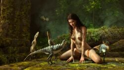 1girls 3d breasts brown_hair completely_nude completely_nude_female dinosaur jayyboww jungle jungle_girl long_hair naked_female nipples nude_female sonja_the_jungle_girl tribal