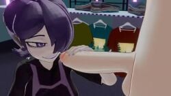 1boy 3d 3d_animation animation annalie_(my_dystopian_robot_girlfriend) anon cum cum_on_face female fully_clothed_female handjob indoors lady_annalie my_dystopian_robot_girlfriend naked_male orgasm purple_eyes purple_hair short_hair store tagme video