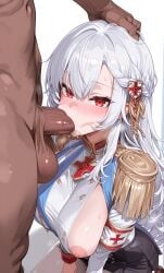 ai_generated aigoonko alpha_1918 blowjob blush breasts clothed_female_nude_male dark-skinned_male dark_skin female grabbing interracial large_breasts large_penis light-skinned_female light_skin looking_at_viewer male nipples oral penis red_eyes russian russian_girl tagme white_hair white_pantyhose