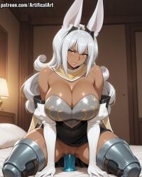 1girls ai_generated animal_ears artifical_art big_breasts clitoris curly_hair dark-skinned_female dark_skin dildo dildo_in_pussy elbow_gloves fairy_tail fairy_tail:_dragon_cry female female_masturbation headwear long_hair masturbation perfect_body pussy pussy_juice riding riding_dildo sex_toy solo spread_legs swan_(fairy_tail) tan_skin tiara vaginal_masturbation white_hair yellow_eyes