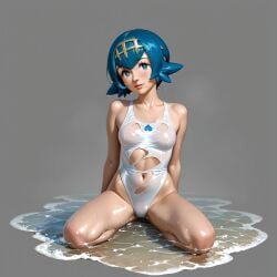 ai_generated anime anime_style blue_eyes blue_hair holes lana_(pokemon) pokemon realistic ripped_clothing swimsuit wet white_swimsuit