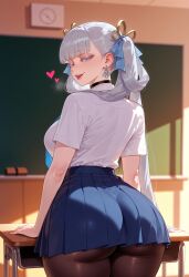 ai_generated balecxi blue_eyes blunt_bangs breasts chalkboard choker classroom earrings female from_behind hair_ribbon heart huge_ass indoors jewelry jinhsi_(wuthering_waves) large_breasts long_hair looking_at_viewer looking_back open_mouth pantyhose pleated_skirt school_desk short_sleeves smile solo thick_thighs tongue tongue_out twintails white_hair white_shirt wuthering_waves