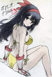 1girls arm_support ass bikini blue_eyes blue_hair blush breasts character_name female fingerless_gloves from_behind gloves hair_ribbon highres japanese_text king_of_fighters large_breasts legs looking_at_viewer looking_back nakoruru pink_lips pose posing ribbon samurai_shodown sensual sexy sexy_pose side-tie_bikini_bottom sideboob sitting smile snk solo swimsuit thighs traditional_media traditional_media_(artwork) translated yellow_bikini