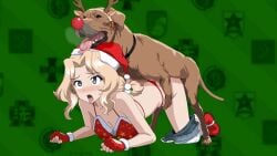 1boy 1girls ahe_gao animated animated_gif ass blonde_hair breasts canine christmas_clothing christmas_outfit clothed_sex dog_ears doggy_style female gif girls_und_panzer kay_(girls_und_panzer) long_hair looking_at_viewer male male/female open_mouth ornament santa_hat sex sex_from_behind tongue tongue_out zoophilia