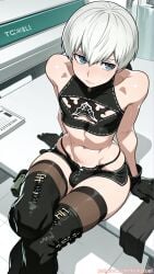 ai_generated android blue_eyes blush boots bulge femboy gloves kinkyfuel lab male male_focus navel nier:_automata nier_(series) sci-fi short_shorts shy sitting solo thighhighs trap white_hair yorha_9s