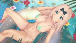 1girls 3d arm_behind_head big_breasts bikini blue_eyes busty cleavage female female_only fujiwara_chika green_bikini hi_res kaguya-sama_wa_kokurasetai_~tensai-tachi_no_renai_zunousen~ large_breasts legs long_hair looking_at_viewer navel pink_hair pool pose posing sensual sexy smile solo thighs thong_bikini toned voluptuous water