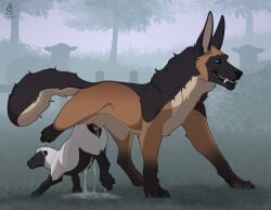animal_genitalia bodily_fluids bovid canid canine canine_genitalia canis caprine cum dex_(jelomaus) domestic_dog duo ewe female feral feral_on_feral genital_fluids genitals hi_res knotting male male/female mammal sabuky sheath sheep size_difference smile