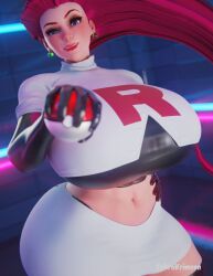 3d big_ass big_breasts blender clothed cybrokrimson jessie_(pokemon) long_boots long_gloves long_hair pokemon red_hair thick_legs thick_thighs wide_hips