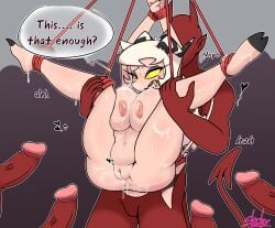 absurd_res after_sex anthro big_breasts big_penis blonde_hair blush bodily_fluids breasts claws cum cum_in_ass cum_in_pussy cum_inside demon erection faceless_character faceless_male fangs female genital_fluids genitals group group_sex hair helluva_boss hi_res horn imp male male/female mtf_crossgender nipples nude orgasm orgasm_face penis pussy red_body rope rule_63 sex shokyshoky5 speech_bubble striker_(helluva_boss) suspension sweat tail teeth thick_thighs vein veiny_penis white_hair yellow_eyes