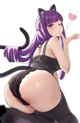 animal_ears ass black_panties black_thighhighs blowing_kiss blunt_bangs breasts cat_ears cat_tail cut_bangs female fern_(sousou_no_frieren) from_behind heart highres kneeling large_breasts long_hair looking_at_viewer looking_back panties purple_eyes purple_hair solo sousou_no_frieren tail thighhighs underwear white_background yami_anko