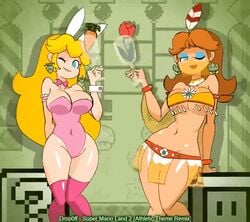 2girls animated bunny_ears bunnysuit carrot carrot_(mario) dancing female fire_flower kneehighs mario_(series) minus8 nintendo princess_daisy princess_peach rose skirt super_mario_bros. super_mario_land super_mario_land_2 tagme wine_glass