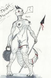2025 absurd_res anthro basket container english_text female hcrimsonknight hi_res kobold melee_weapon nipple_piercing nipples nude nude_female oblivious piercing polearm red_eyes scalie signature solo spear squish tail tail_motion text thigh_squish thigh_strap traditional_media_(artwork) weapon wrappings