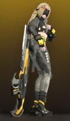 1girls alternate_version_at_source alternate_version_available army_uniform ass ass_grab blender blonde_female blonde_hair blush blushing_at_viewer blushing_female bodysuit butt_grab female gradient_background hand_on_butt happy hoyoverse laughing looking_at_viewer looking_back mihoyo pinup sniper sniper_rifle solo solo_female the_michael trigger_(zenless_zone_zero) visor watermark weapon zenless_zone_zero zipper