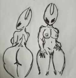 1girls ass big_ass breasts female hollow_knight hornet_(hollow_knight) kaxta nipples no_artist_signature no_source simple_background sketch thick_thighs video_games