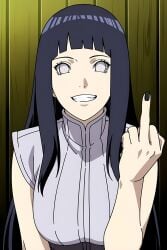 , ai_generated black_nails, black_toenails, earrings, feet, feet_fetish, femdom, flipping_off, grinning hinata_hyuuga, middle_finger, naruto, naruto_(series), naruto_shippuden, purple_hair, sandals,