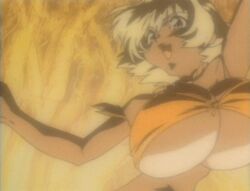 animated animated_gif bikini_top blonde_hair bouncing_breasts cleavage female huge_breasts jungle_de_ikou mii_(jungle_de_ikou) moriyama_yuji open_mouth screencap screenshot short_hair