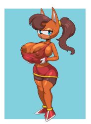 anthro anthro_female big_breasts bike_shorts blue_eyes blush blush_lines breasts breasts_bigger_than_head breasts_bigger_than_torso breasts_squeezed_together brown_fur brown_hair brown_nipples busty busty_female female fully_clothed furry furry_female gloves hi_res high_quality high_resolution highres hourglass_figure hourglass_figured_female huge_breasts large_breasts lipstick megahand6 mobian mobian_(species) ponytail sega skirt solo solo_female sonic_(series) sonic_the_hedgehog_(series) sonic_x-treme spats spats_shorts tagme thick_thighs tiara_boobowski voluptuous voluptuous_female