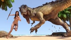 1girls 3d beach breasts brown_hair completely_nude completely_nude_female dinosaur female jayyboww jungle_girl long_hair naked_female nipples nude_female sonja_the_jungle_girl spear tribal