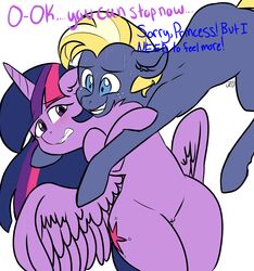 absurd_res alicorn blush bodily_fluids color_edit colored dialogue duo edit equid female feral freckles friendship_is_magic furry genitals hi_res horn jessedoodles male mammal my_little_pony pussy star_tracker_(mlp) straight sweat twilight_sparkle_(mlp) wide_hips wings