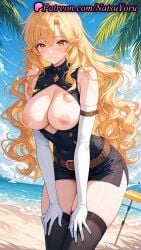 1girls 2025 ai_generated bangs bare_shoulders beach beach_umbrella belt black_dress black_thighhighs blonde_hair blush breasts breasts_out brown_belt closed_mouth clothing_cutout dress elbow_gloves gina gina_(solo_leveling) gloves hi_res highres large_breasts long_hair looking_at_viewer natsuyoru nipples ocean outdoors palm_tree patreon short_dress skindentation sky sleeveless sleeveless_shirt smile solo solo_leveling sweat thighhighs thighs umbrella voluptuous voluptuous_female wavy_hair white_gloves yellow_eyes