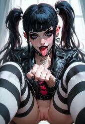 ai_generated babe black_hair cute_face female goth_girl original_character sexy shaved_pussy striped_stockings twintails wants_a_fisting