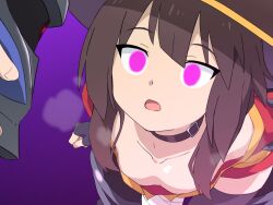 brainwashing breasts brown_hair choker expressionless faithful_to_the_anime female femsub flat_chest glowing_eyes hat hitsugi_mc hypnosis kono_subarashii_sekai_ni_shukufuku_wo! light_skin looking_at_viewer megumin mind_control open_mouth pov_dom purple_background simple_background small_breasts steam witch_hat