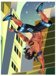 armband baseball_cap black_hair blue_eyes city_background clothed male male_focus male_only muscular necklace nipples no_visible_genitalia oc parkour shorts sneakers tan_skin tattoos upside-down wristband yuunsfw