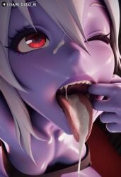 ai_dota_ai ai_generated breasts close-up colored_skin cum cum_in_mouth cum_on_tongue dota_2 drow_ranger facial female finger_in_own_mouth hair_between_eyes looking_at_viewer mouth_pull one_eye_closed open_mouth purple_skin red_eyes saliva solo teeth tongue tongue_out traxex vicineko_style white_hair