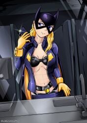 1girls batgirl blonde_hair blue_eyes bra chastity_belt chastity_device female female_chastity female_only femsub gloves lock panties phone plasma-dragon selfie smartphone superheroine toned